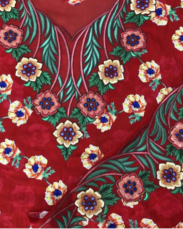 Red Floral Embroidered Fabric