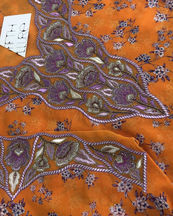 Orange Floral Embroidered Fabric