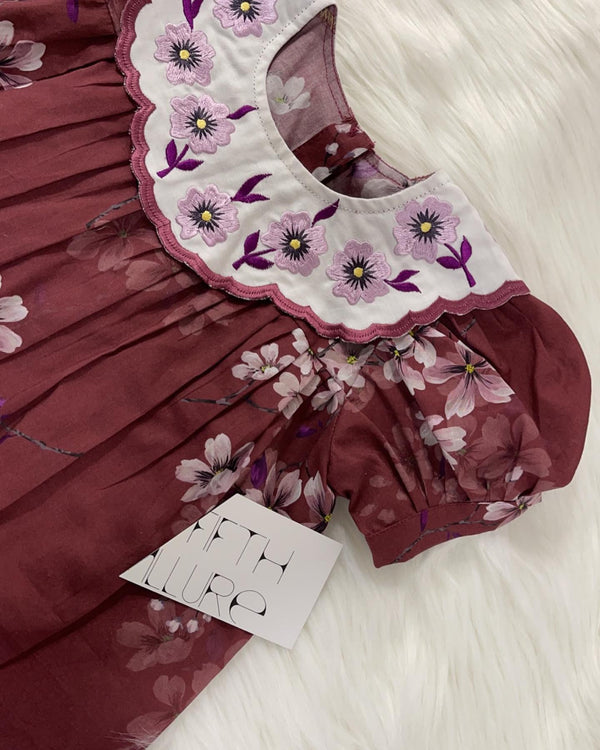 Maroon Floral Embroidered Baby Dress