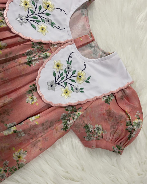 Peach Floral Embroidered Baby Dress