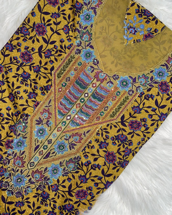 Mustard Yellow Embroidered Floral Dress Fabric
