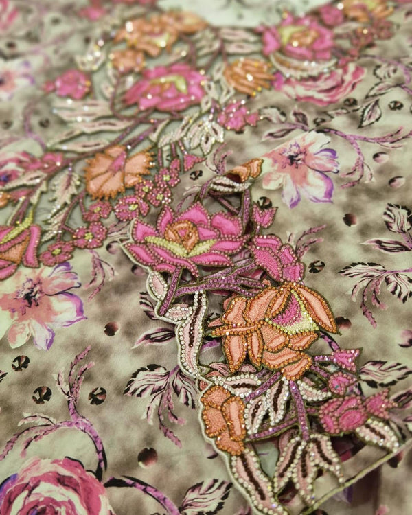 Pink and Peach Floral Embroidered Fabric
