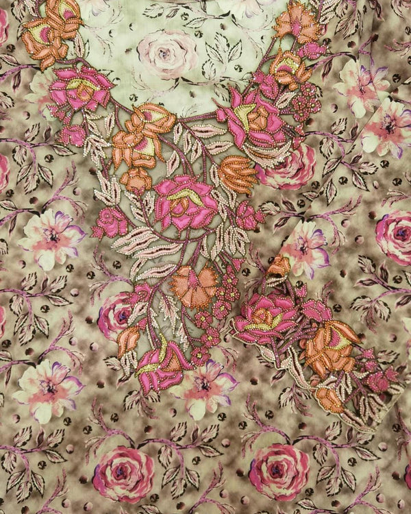 Beige Floral Embroidered Fabric with Pink and Peach Accents
