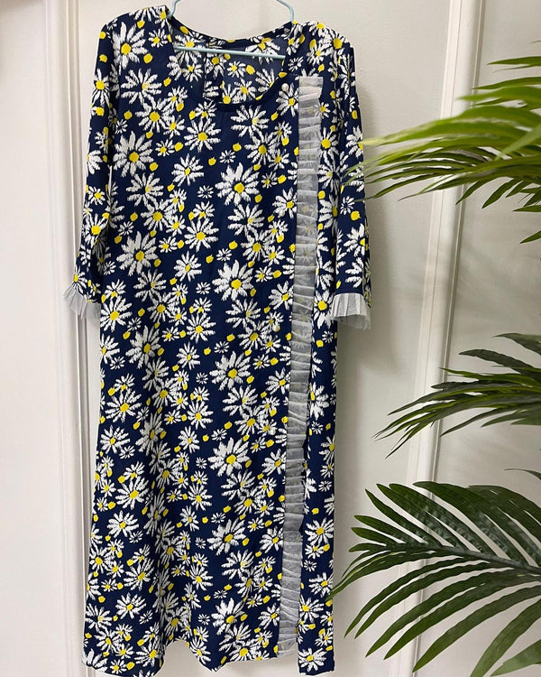 Navy Blue Daisy Print Dress with Lace Detailing