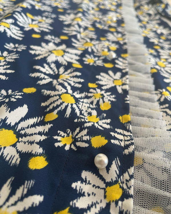 Navy Blue Daisy Print Fabric with Lace and Pearl Button Detailing