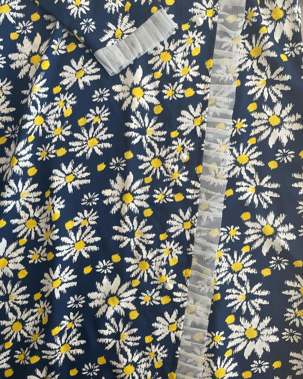 Navy Blue Daisy Print Fabric with Lace Detailing