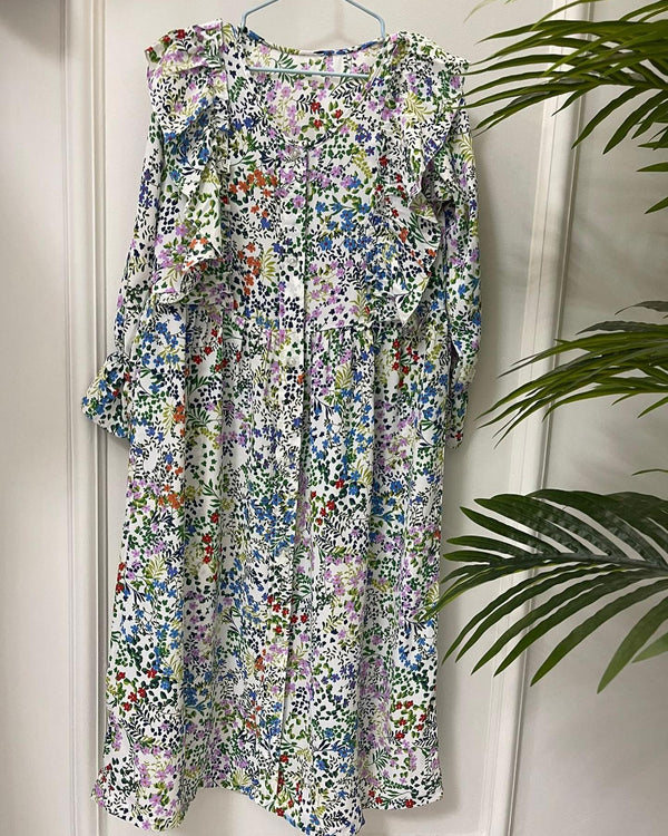 Long-Sleeve Multicolor Floral Print Dress with Ruffle Detailing