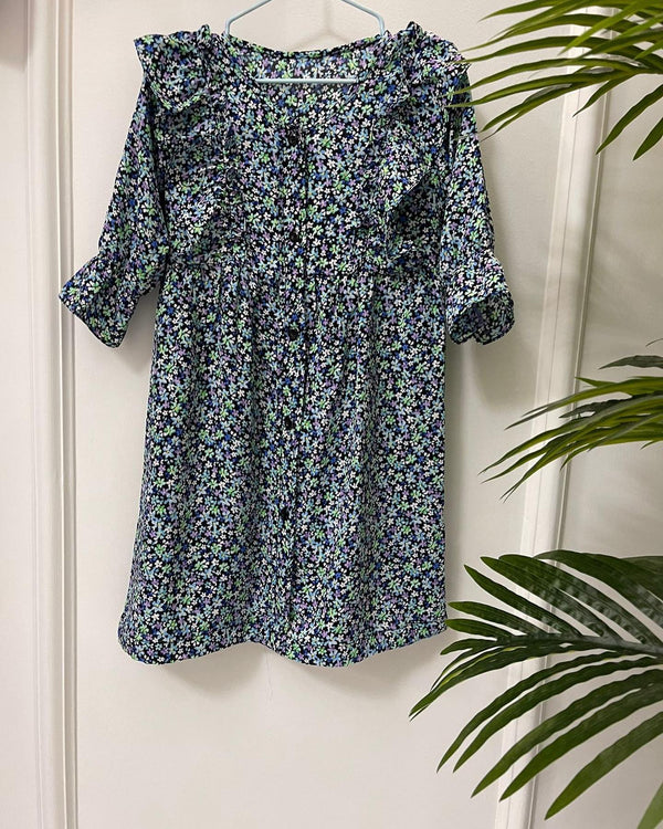 Black Floral Print Dress with Ruffle Sleeves and Button Detailing