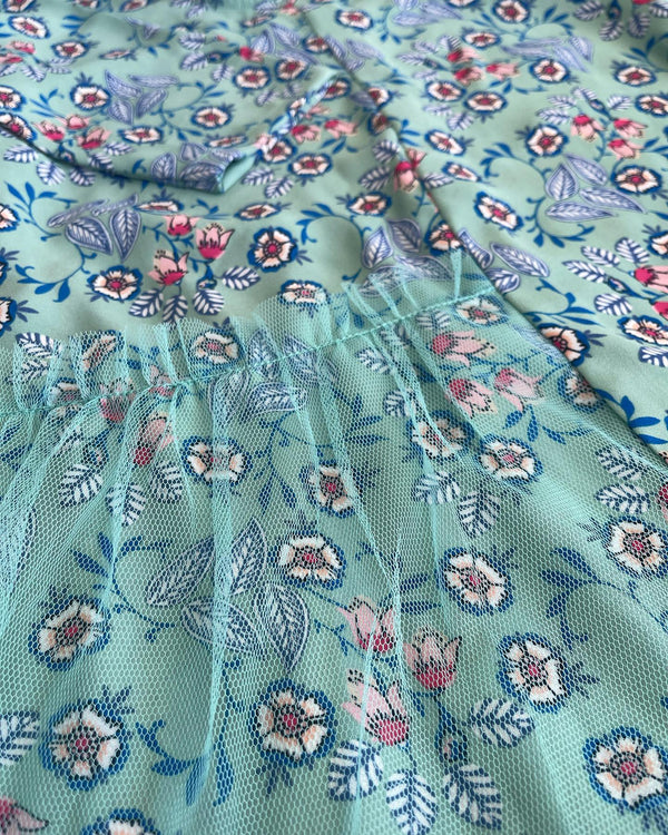 Mint Green Floral Print Fabric with Mesh Detailing