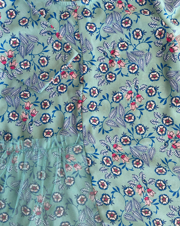 Mint Green Floral Print Fabric with Sheer Mesh Overlay