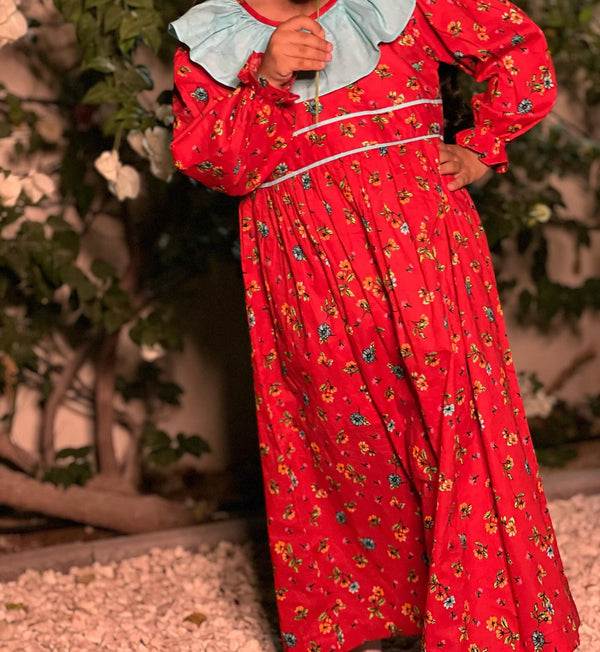 Red Floral Long-Sleeve Dress with Blue Ruffled Collar