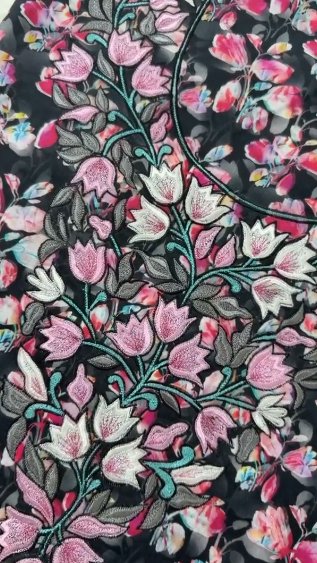 Black Floral Fabric with Pink and White Embroidered Detailing