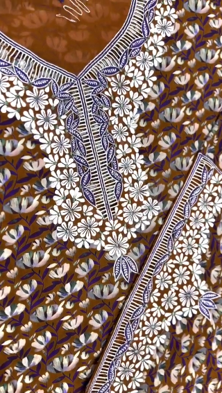 Brown Floral Fabric with White and Blue Embroidered Neckline