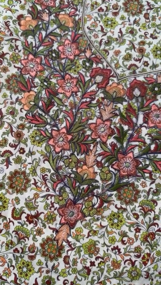 White Floral Fabric with Intricate Multicolor Embroidery