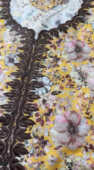 Yellow Floral Fabric with Brown Embroidered Neckline